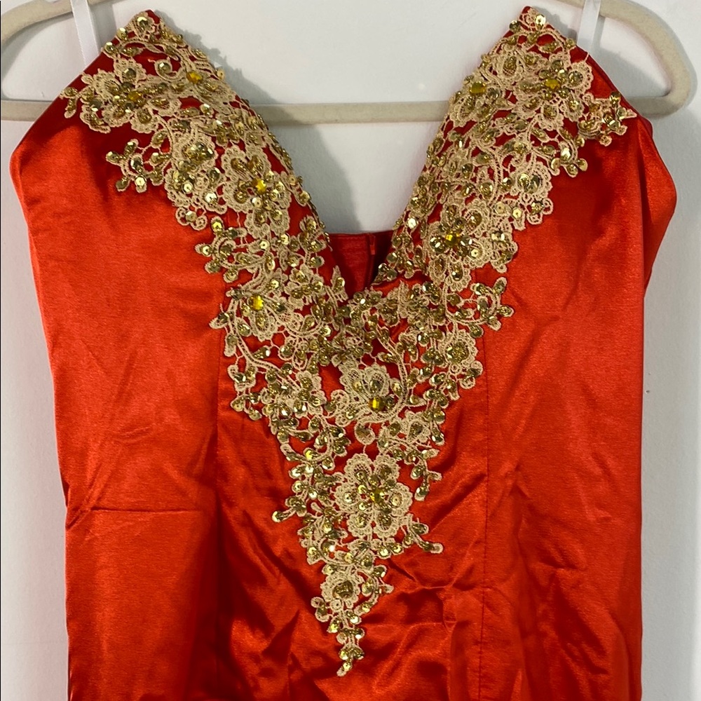 Elegant Red Satin Strapless Long Gown w/ Gold Applique